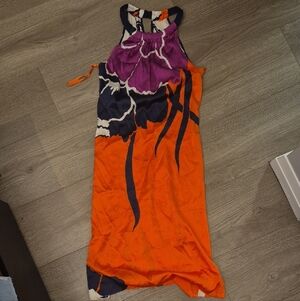 Elie Tahari Orange and Purple Floral Silk Dress